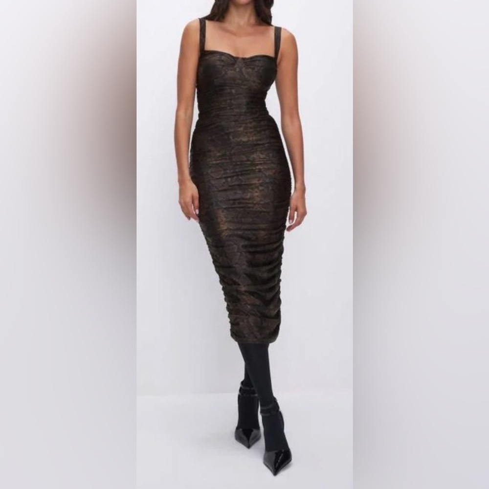 Good American Brown Ruched Lace Midi Dress
